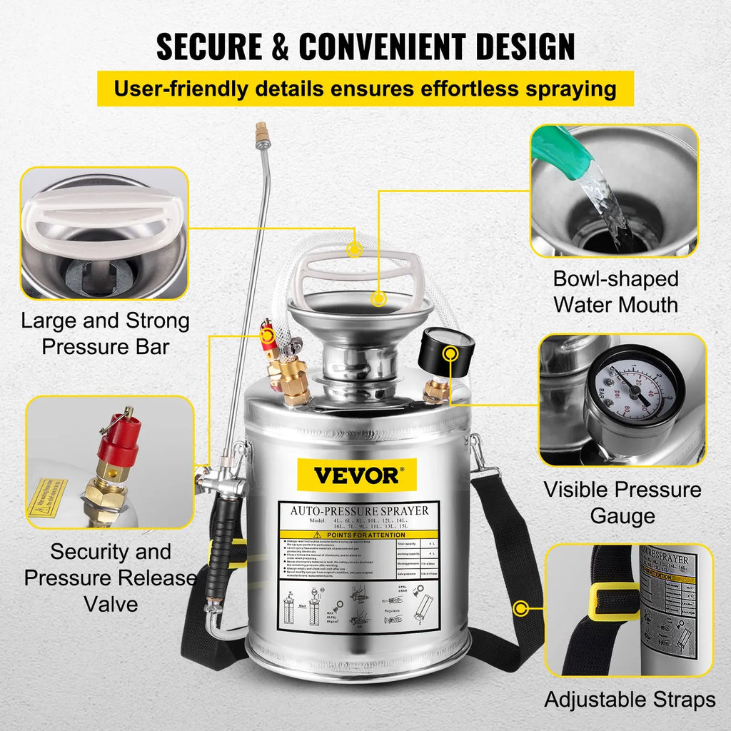 VEVOR 1Gal Stainless Steel, Set With 12Wand Handle 3FT Reinforced Hose