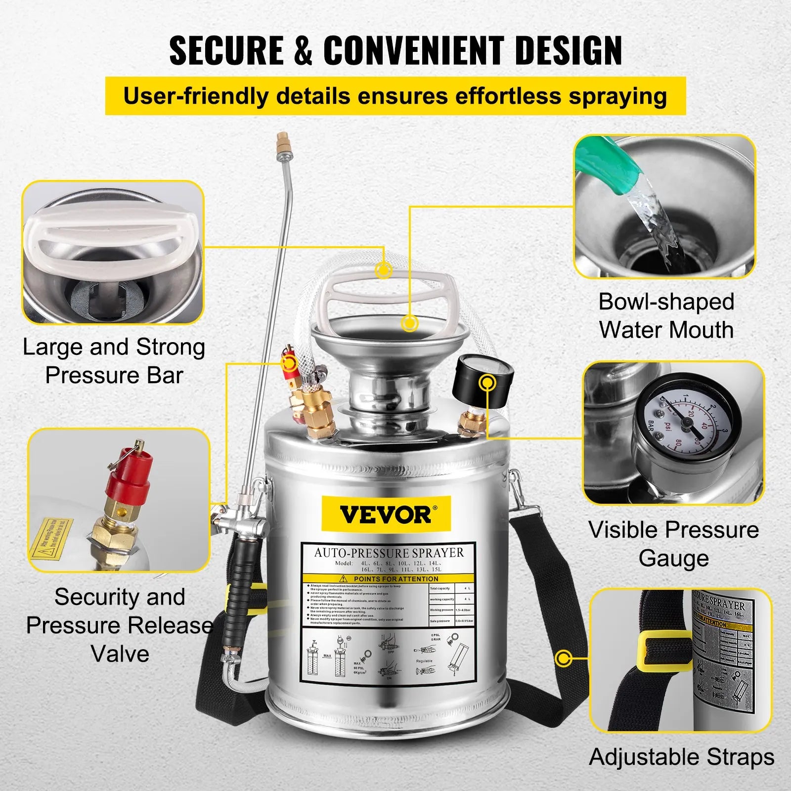 VEVOR 1Gal Stainless Steel, Set With 12Wand Handle 3FT Reinforced Hose
