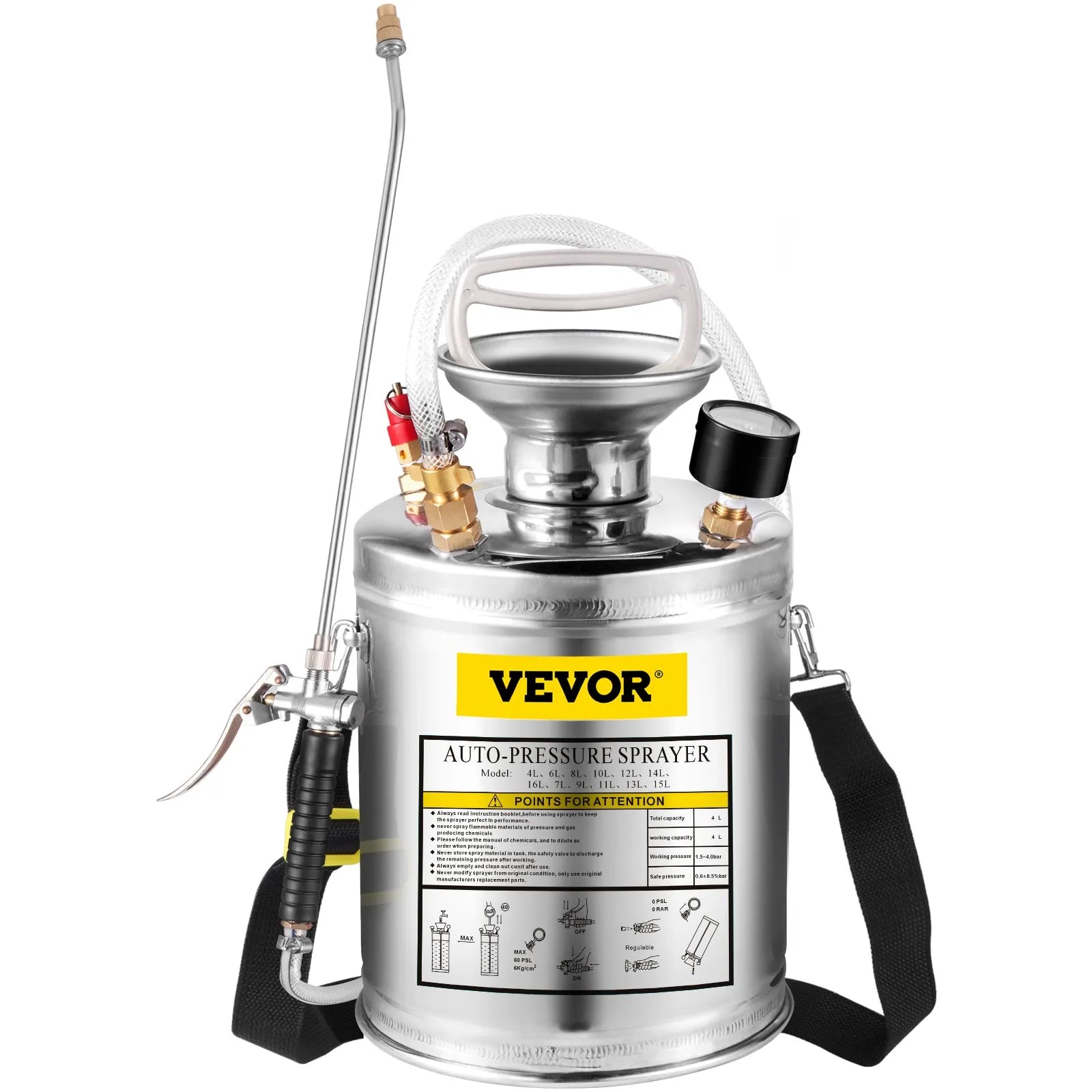 VEVOR 1Gal Stainless Steel, Set With 12Wand Handle 3FT Reinforced Hose